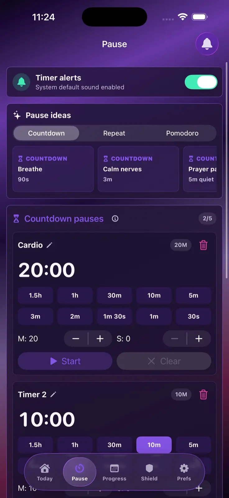 Pause tab showing countdown pause ideas, timer alerts, and editable countdown timers.