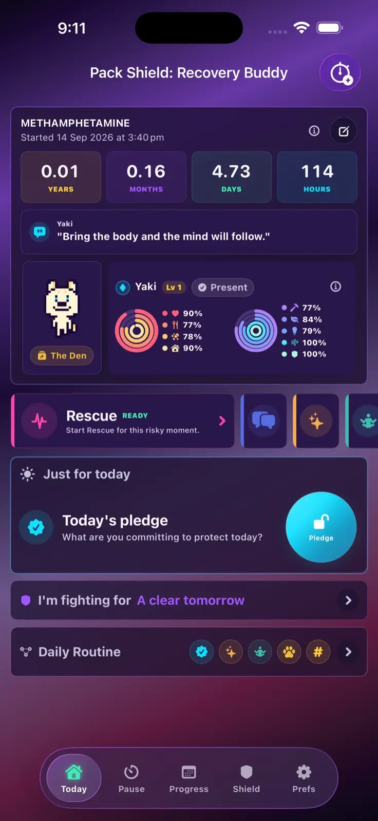 Pack Shield Today screen showing sober time, Just For Today actions, Rescue, Daily Routine, and bottom navigation.