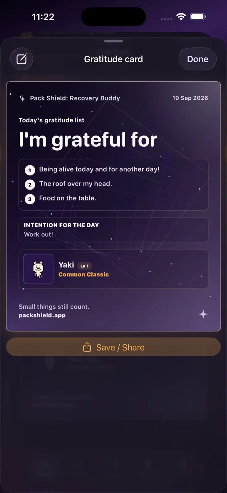 Pack Shield gratitude card with daily gratitude items, intention for the day, and a Shibit companion.