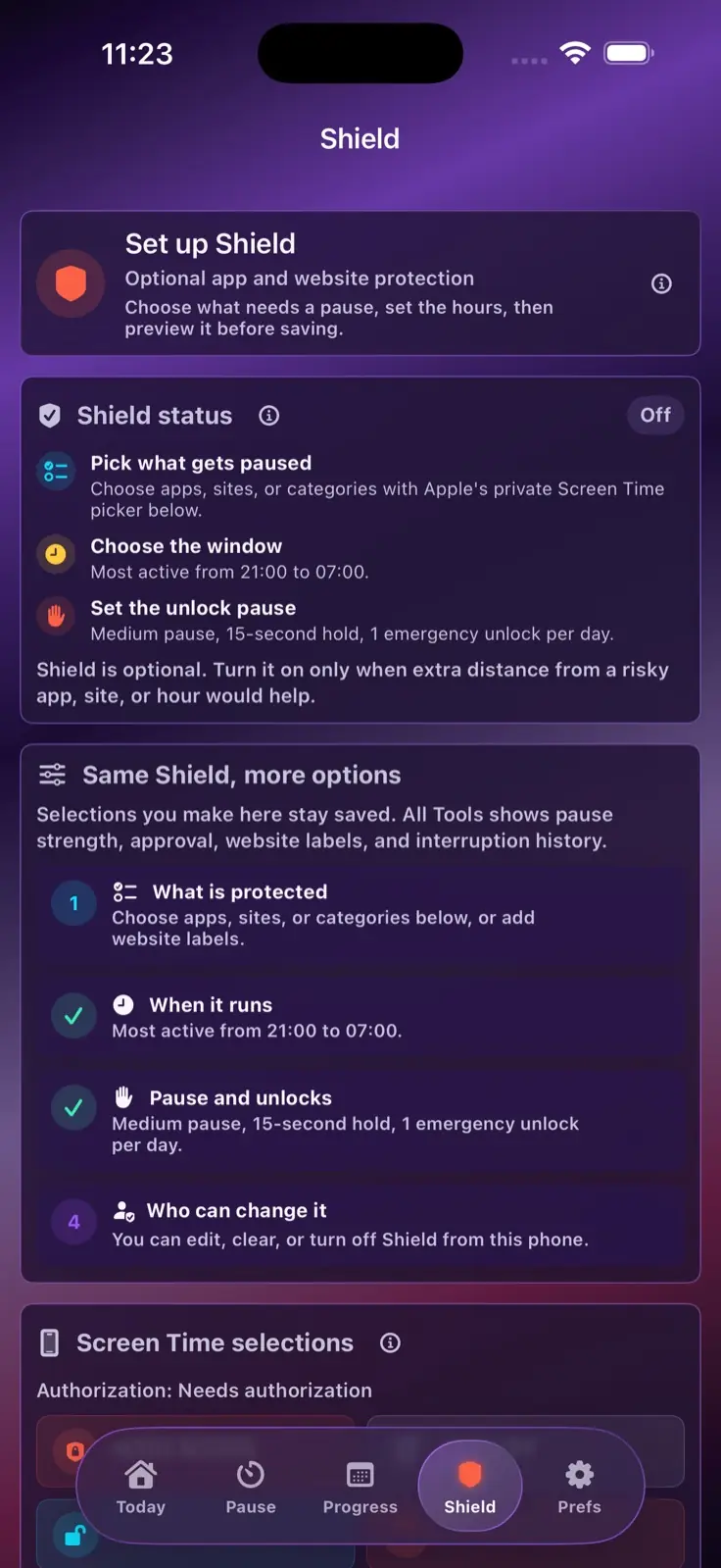 Shield tab explaining optional Screen Time protection, protected selections, active windows, pauses, and unlock rules.