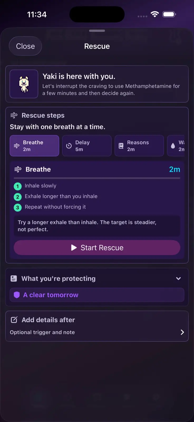 Rescue screen with a Shibit companion, craving interruption steps, and a Start Rescue button.