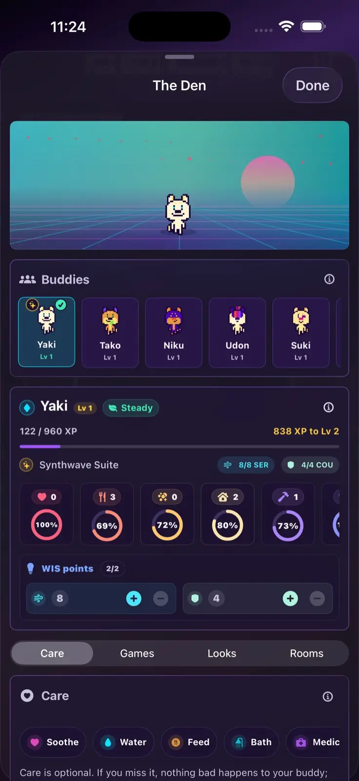 The Den screen showing a recovery buddy room, buddy list, care stats, and care actions.
